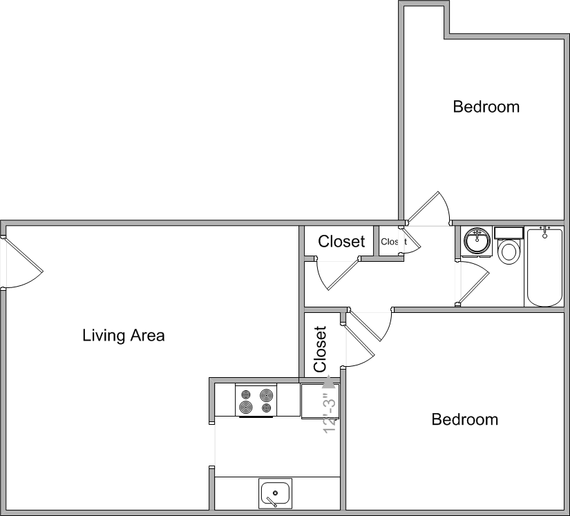 Floor plan for 2 beds, 1 bath, 1006 sqft
